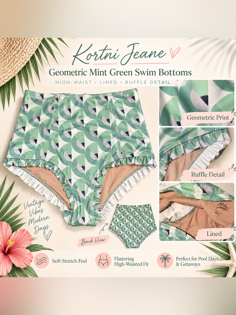 Kortni Jeane Mint Green Geometric High-Waist Bikini Bottoms